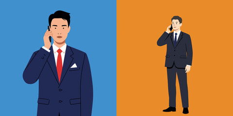 Young candidate on phone, vector illustration of businessman in suit talking on mobile, two style variants on colorful background. Job interview, communication, recruitment, career concept