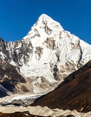 Snowy mountain peak against a clear blue sky