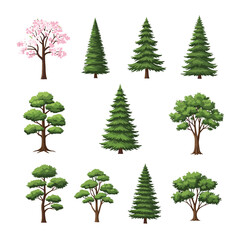 Collection of various artistic representations of evergreen and deciduous trees in different forms and styles
