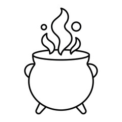 Magic witch cauldron vector icon. Black line art with steam and bubbles. Halloween potion or fantasy spell symbol for design.