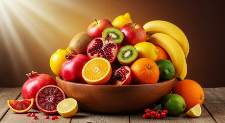 Wooden bowl filled with fresh fruits on rustic table in studio shot podium