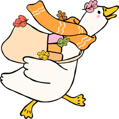 Fall Bookish Silly Goose Reading Carrying Shopping Bag of Books, Wearing Scarf Cartoon Hand Drawn