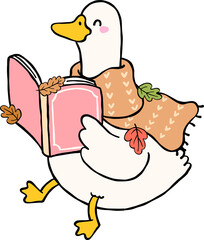 Fall Bookish Silly Goose Reading a Book with Scarf Cartoon