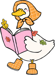 Fall Bookish Silly Goose Reading Book, cottagecore hand drawn