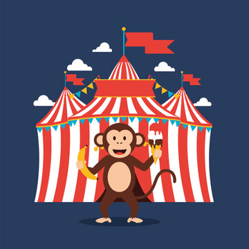 Exciting circus performance featuring a cheerful monkey enjoying treats under a festive tent