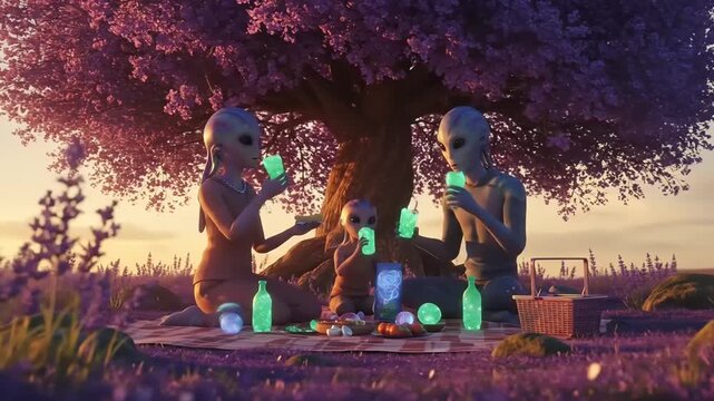 Extraterrestrial family enjoying a picnic under a vibrant tree during sunset with glowing drinks