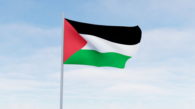 Waving Flag of Palestine Against Blue Sky. It is suitable for symbolizing nationalism, unity, and pride. Ideal for patriotic and cultural themes.