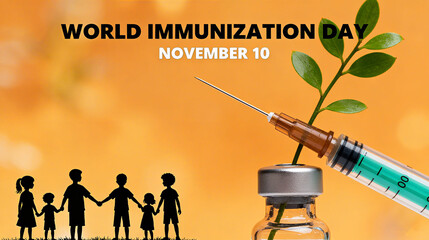 Vaccines, child silhouettes, and green plants represent the concept of safeguarding children's health on World Immunization Day, and are suitable for scenarios such as immunization day promotion.
