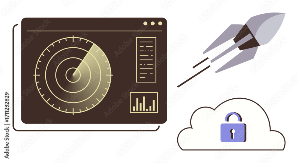 Poster radar screen tracking rocket flight above cloud featuring a secure lock icon. ideal for technology, 