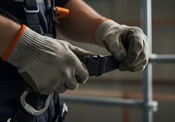 Obraz premium Worker fastening safety harness buckle for elevated construction work at height