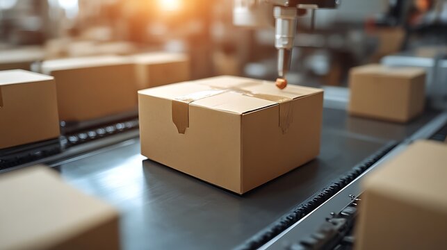 Automated packaging line with robotic arm placing a label on a cardboard box