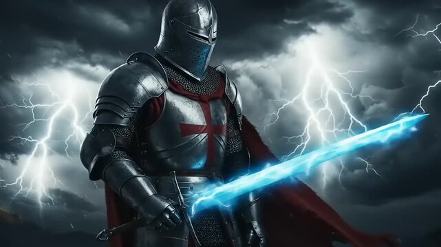 Knight in Armor Wields Glowing Sword During Storm