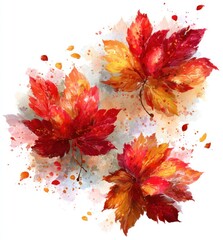 Watercolor illustration of maple leaves in vibrant autumn hues, scattered with tiny dots against a soft, blurred background