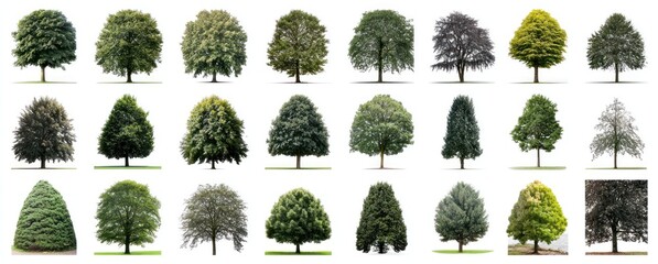 A collection of diverse trees with varying shapes and foliage colors, isolated on a white background, showcasing natural diversity
