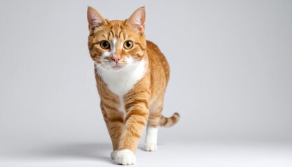 Orange tabby cat with white chest strides forward on a gray backdrop, eyes focused and alert