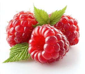 Close-up of three vibrant red raspberries with fresh green leaves, casting a soft shadow on a white surface, showcasing detailed texture