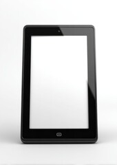A black tablet with a blank white screen stands vertically against a white backdrop, showcasing its sleek design and modern appeal