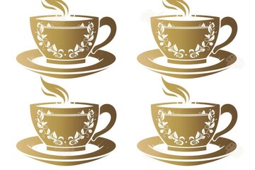 Obraz premium Four vector steaming coffee cups with saucers and decorative elements in golden-brown tones for clipart sticker and coffee-themed designs