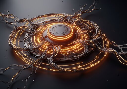 Abstract Glowing Metal Orb with Organic Tendrils