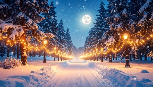 A snow-covered road lined with glowing lights and tall evergreen trees leads towards a full moon in a winter wonderland scene - Powered by Adobe
