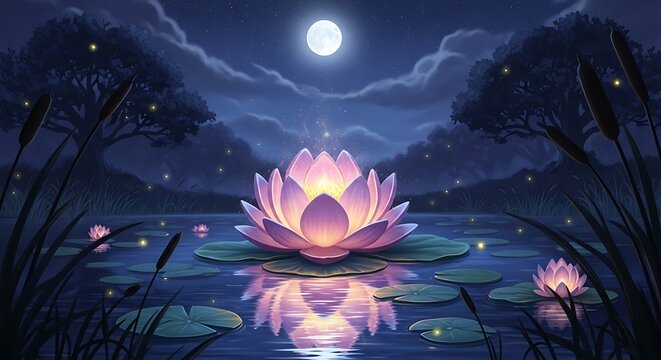 A radiant, illuminated lotus flower floats serenely on a tranquil pond at night, bathed in soft moonlight and firefly lights, creating a peaceful and magical ambiance.