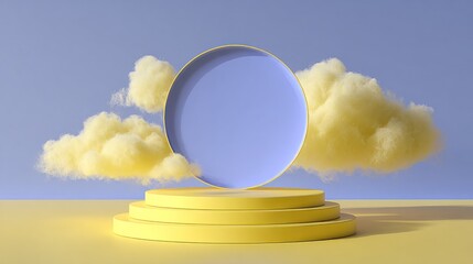 Surreal stage yellow tiered platform with blue circular frame surrounded by soft clouds against a light blue backdrop. Dreamlike and abstract