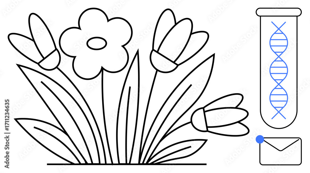 Aufkleber flowers in bloom with dna structure in a test tube symbolizing genetics and envelope for data sharin