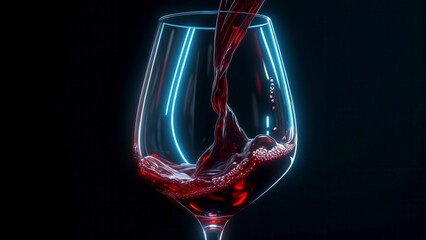 Red wine poured into a glowing glass with neon blue highlights and liquid motion