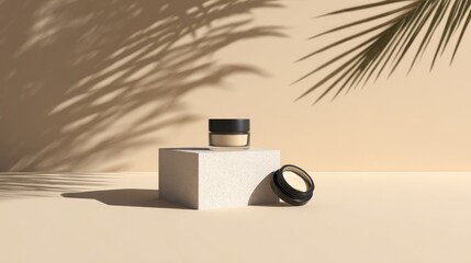 Cream jar on a textured block, open lid next to it, under tropical leaf shadows on a neutral backdrop. Serene product display setting