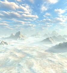 Snowy mountain peaks pierce a serene cloudscape beneath a bright blue sky scattered with fluffy white clouds, creating a peaceful, high altitude scene