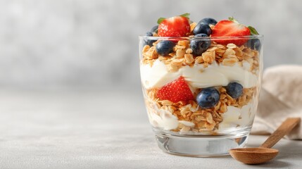 Fresh Yogurt Parfait with Layers of Granola, Strawberries, Blueberries, and Creamy Yogurt in a Clear Glass Cup