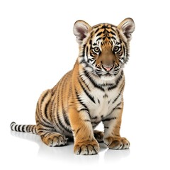 Fototapeta premium A small, adorable tiger cub sits, showcasing its striking orange and black stripes against a plain white background.