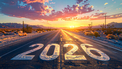 2025 New Year road trip travel with nature landscape and highway road leading forward for happy new year celebration in the beginning of 2025 concept, Photo by AI generative