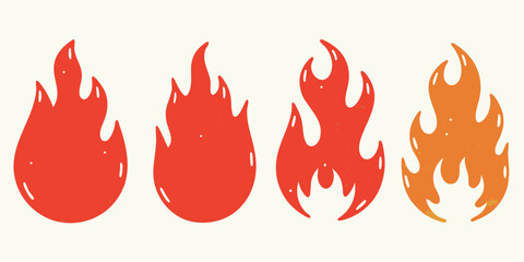 Four stylized cartoon flames in red and orange hues on a cream background