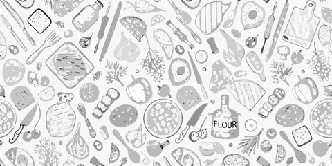 Whimsical hand drawn sketchy food and kitchen utensils pattern background