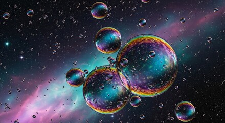 Colorful iridescent spheres and small bubbles float in a cosmos-like setting, displaying a multitude of vibrant hues.
