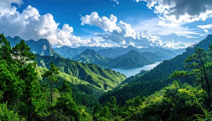 Obraz premium Verdant vista Lush, green mountains cascade to a tranquil lake under a bright blue sky filled with fluffy, white clouds