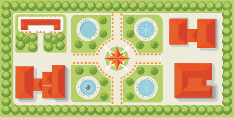 Top down view of a stylized courtyard with buildings fountains and trees