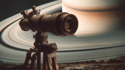 Space and Astronomy vintage film aesthetic of Saturn viewed through an old telescope