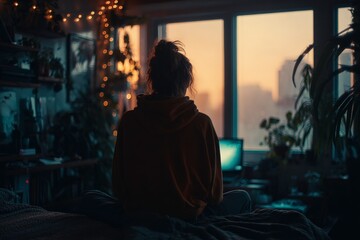 Young Woman Enjoys Peaceful Sunrise Over Cityscape From Her Cozy Apartment
