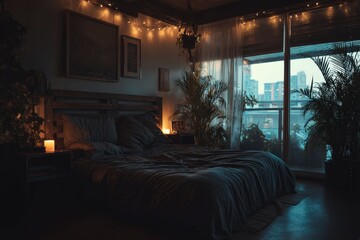 Cozy Bedroom Retreat With City View And Warm Lighting