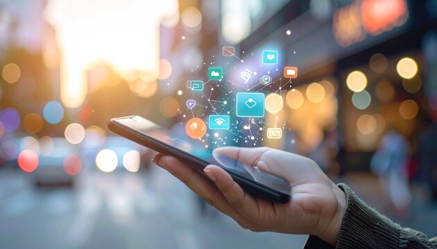 Person uses phone in a city, with app icons and connection lines above; blurred cars and buildings in the warm sunny background