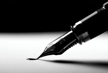 Naklejka premium Close-up of a fountain pen poised over white paper, casting shadows, rendered in high contrast black and white for dramatic effect