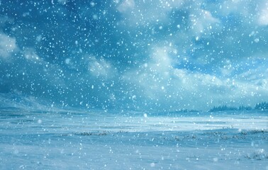Snowy field with drifting flakes, distant trees, and partly cloudy sky. Snowflakes close and far, giving depth to the wintery landscape