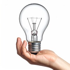 A clear light bulb being held in a person's hand against a white backdrop. Metal, glass, and skin tones create a minimalist scene