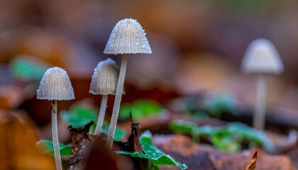 Close-up of tiny, frosted mushrooms amidst autumn leaves