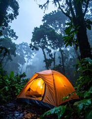 Misty jungle campsite.  Orange tent glows under canopy
