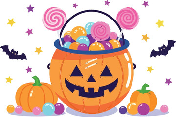 Spooky Halloween pumpkin bucket overflowing with colorful candies and treats, festive bats and stars