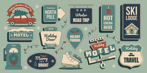 Vintage Christmas Road Trip. Retro winter holiday sticker sign set with Christmas ornaments, snowy motel, lodge and more. Vector illustration in mid century 50s style