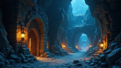 Ancient dwarven mining city carved into a crystal-filled mountain, lantern-lit tunnels snaking into the depths
